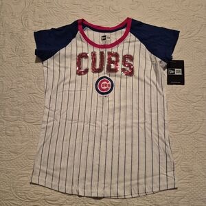 New Era Chicago Cubs girls 14/16 striped with sequin logo baseball t-shirt NWT